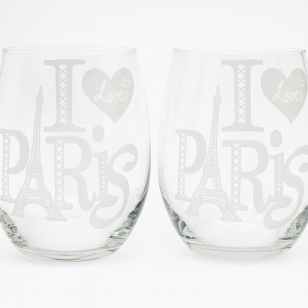 Set of 2 "I Love Paris" Stemless Wine Glasses - Handcrafted Clear Glassware